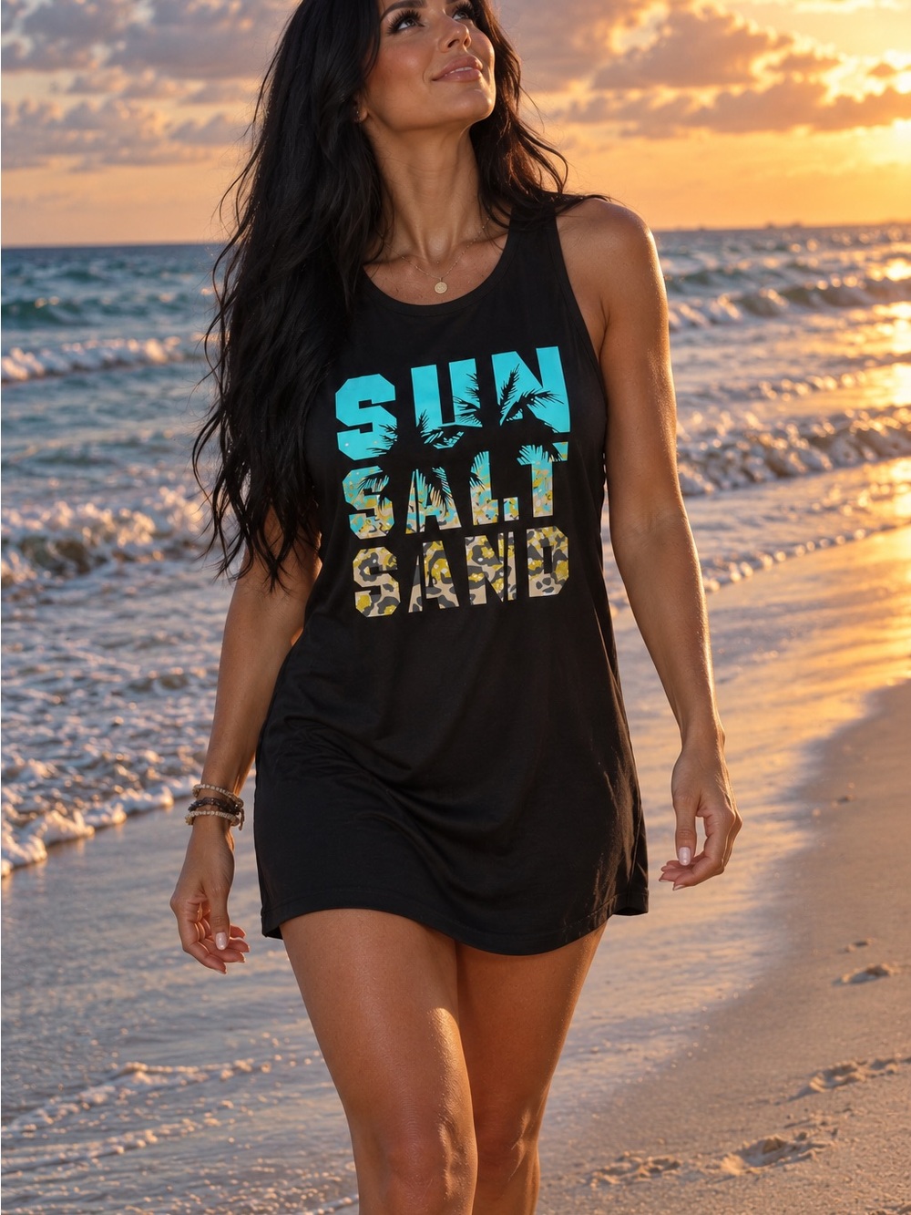 Amazon Black Swim Cover-Up Tank with Turquoise and Sandy Yellow Graphic